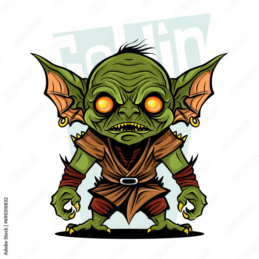 Green goblin cartoon character. Vector clip art illustration . Full body goblin.