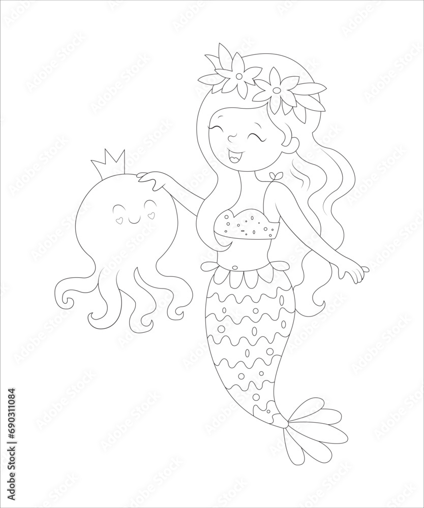 Cute mermaid sitting on stone. Hand drawn cartoon illustration. Isolated on white. ART Artist_polash Cute mermaid sitting on stone. Hand drawn cartoon illustration. Isolated on white. ART Artist_polash