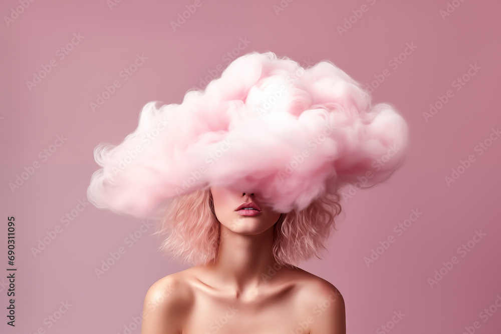 Head in the Clouds. A girl with a pink cloud on her head against a pink background. Concept of wandering thoughts.