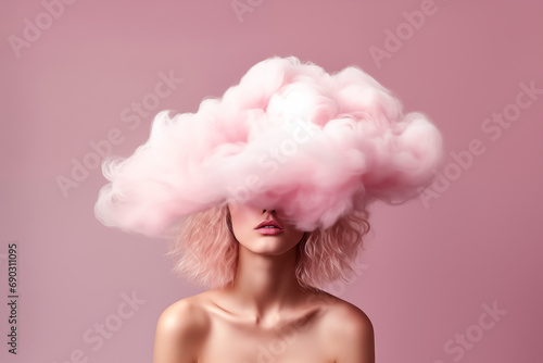Head in the Clouds. A girl with a pink cloud on her head against a pink background. Concept of wandering thoughts.