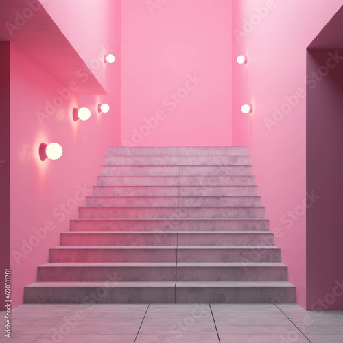 An image of a pink stairwell near a wall with lights in it. Monochromatic palettes  pop art inspired. Romantic aesthetic.