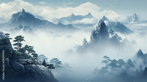 3D rendering of Asian landscape with hills and mount
