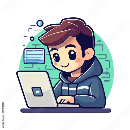 Vector cute hacker operating laptop cartoon vector icon illustration.