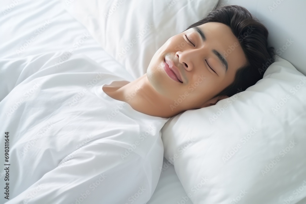 Asian Man Happily Sleeping On White Bed With White Blanket Asian Man Happily Sleeping On White Bed With White Blanket