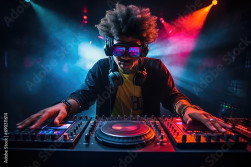 Afro Dj Mixing Music In Colorful Night Club