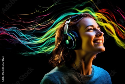 Woman wearing headphones Musical Euphoria: Woman Immersed in Vibrant Emotions, Surrounded by Dynamic Sound Waves and Abstract Light Effects