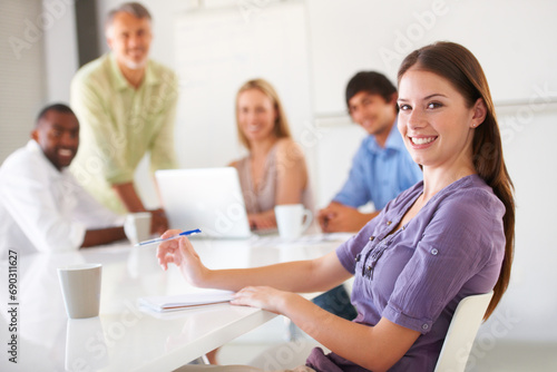 Presentation meeting  business portrait and happy woman  team or workforce for sales pitch  proposal or writing notes. Startup project planning  happiness and worker with employees brainstorming plan