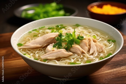 Appetizing Image Of Asian Chicken Noodle Soup, Ramen. Сoncept Gorgeous Sunset Over The Ocean, Hiking In The Mountains, Beautiful Flower Gardens, Serene Forest Walks