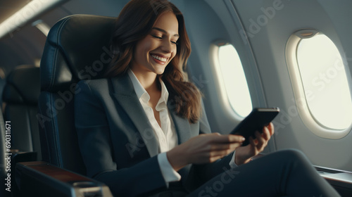 A Smiling female businesswoman or female entrepreneur in a suit using a smartphone while sitting on an airplane Online communication on airplanes