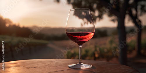 Glass of red wine on the table outdoors on blurred vineyard background at sunset