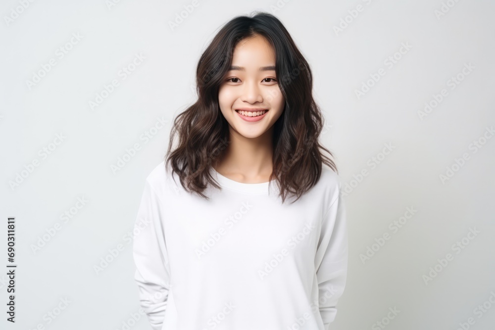 Cheerful Asian Teen In Front Of Plain White Studio