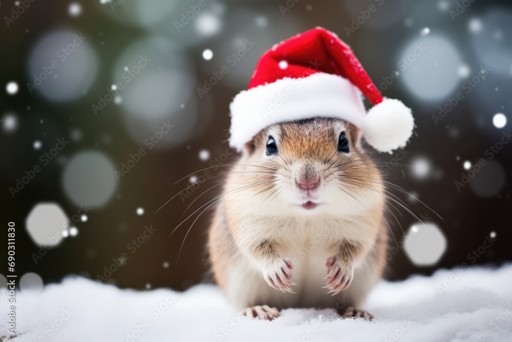 Chipmunk Dressed As Santa Claus In Snowy Scene