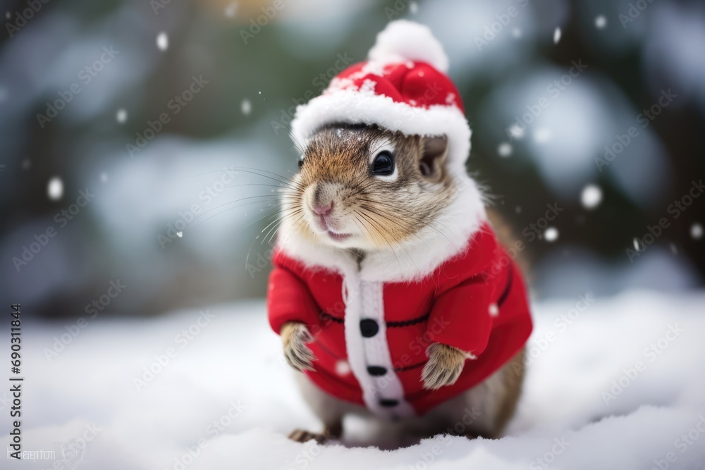 Chipmunk Dressed As Santa Claus In Snowy Scene. Сoncept Cute Animal Costumes, Winter Wonderland, Festive Season, Adorable Christmas Characters Chipmunk Dressed As Santa Claus In Snowy Scene. Сoncept Cute Animal Costumes, Winter Wonderland, Festive Season, Adorable Christmas Characters