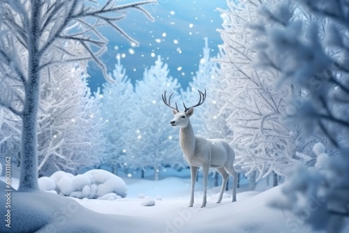 Christmas Reindeer In Snowy Forest 3D Illustration