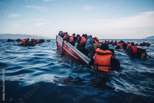 Dangerous Boat Journey For Refugees And Migrants. Сoncept Climate Change And Its Impact On Wildlife, Sustainable Fashion Choices, Mental Health Awareness In The Workplace. Сoncept Migration Crisis photo