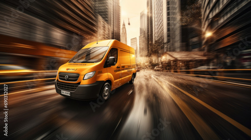 An orange delivery van drives through the city against a blurred city street background.