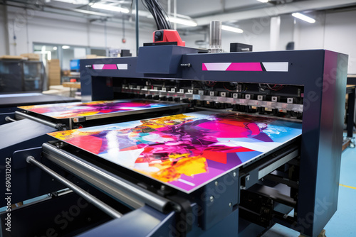 Digital Inkjet Printing Machine In Production. Сoncept High Speed Printing, Precise Color Matching, Large Format Printing, Efficient Production, Versatile Printing Options photo