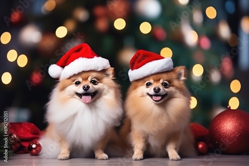 Dogs Celebrating Christmas Or New Year Cute Concept. Сoncept Winter Wonderland Pet Portraits, Festive Pups In Holiday Attire, Doggy New Year's Party, Merry Christmas Canine Captures © Anastasiia