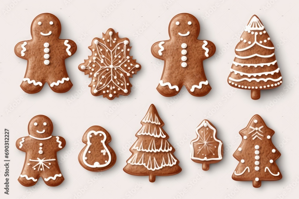 Gingerbread And Cookie Figures On White Background. Сoncept Holiday Baking, Festive Treats, Sweet Christmas Decor, Edible Adornments Gingerbread And Cookie Figures On White Background. Сoncept Holiday Baking, Festive Treats, Sweet Christmas Decor, Edible Adornments