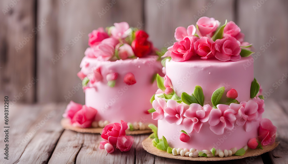 Beautiful pink cake with flowers in the wooden background. Beautiful pink cake with flowers in the wooden background.