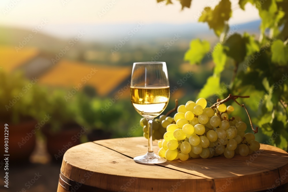 Glass Of White Wine On Countryside Barrel