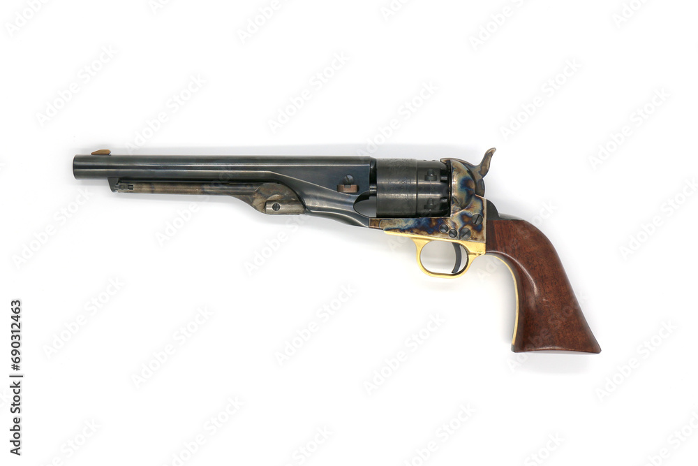 Black powder revolver Colt Army 1860 on a white background. Left side.