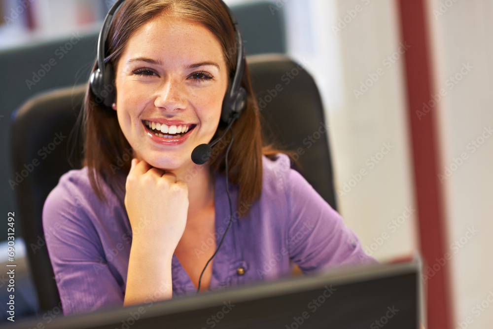 Customer service smile, portrait or business woman for startup consultancy job, ecommerce secretary or tech support. Contact us help desk, receptionist face and consultant in lead generation career - obrazy, fototapety, plakaty 