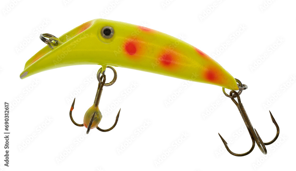 Macro image of a bright yellow fishing lure that has orange spots a silver / black “eye”. The lure has two treble hooks. On a clean background.
Macro image of a bright yellow fishing lure that has orange spots a silver / black “eye”. The lure has two treble hooks. On a clean background.