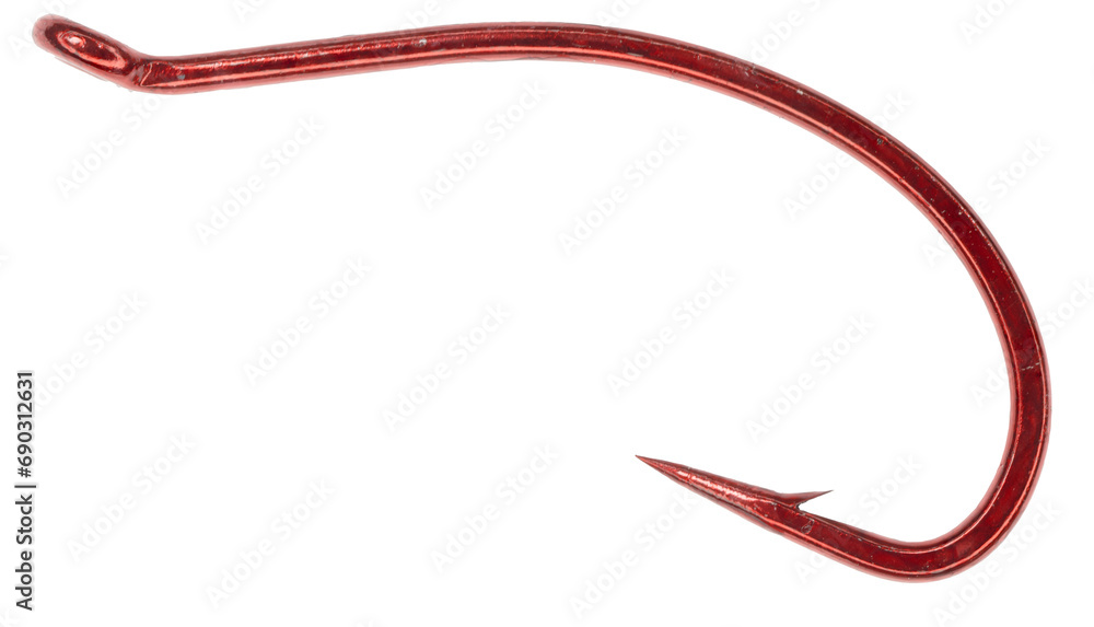 Macro close-up of a single bright red fishing hook showing the sharp points and barbs. On a clean background.
Macro close-up of a single bright red fishing hook showing the sharp points and barbs. On a clean background.