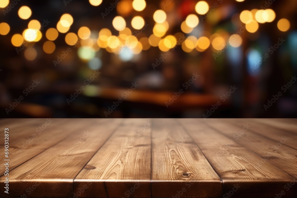 wooden board empty table top on of blurred bar