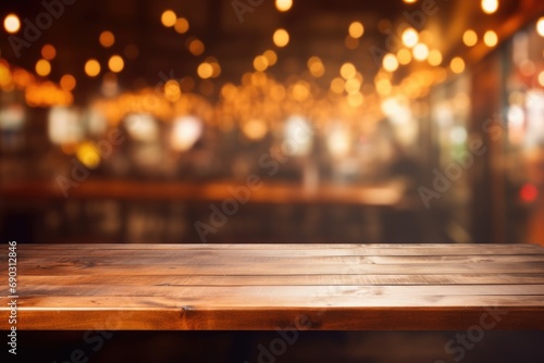 wooden board empty table top on of blurred bar