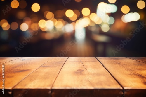 wooden board empty table top on of blurred bar