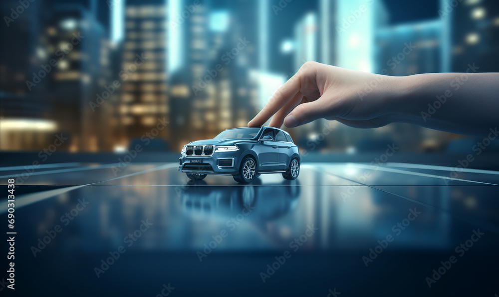 Human hand points to a car. Concept - car insurance, mechanical, leasing, purchase new and used cars - obrazy, fototapety, plakaty 