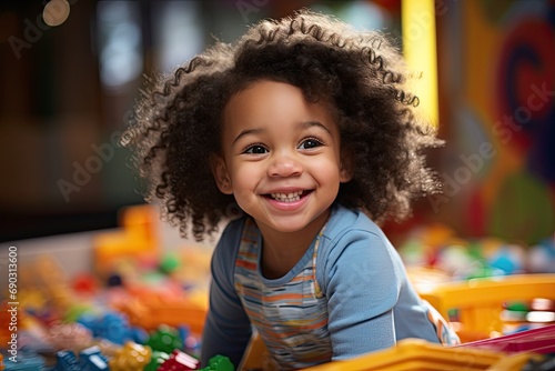 A 4-year-old African American girl engaged in creative indoor play, surrounded by toys and colorful objects. 