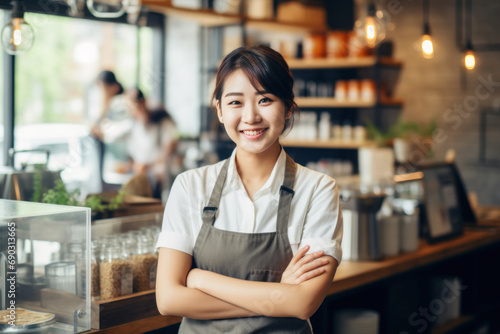 A young and cheerful Asian woman, a proud cafe owner who also works as a barista with a warm smile