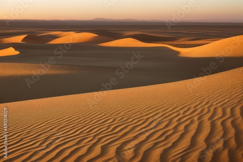  a stunning photograph with a professional DSLR camera unfolds a tranquil evening, casting long shadows on golden sand dunes, creating a contemplative and serene atmosphere