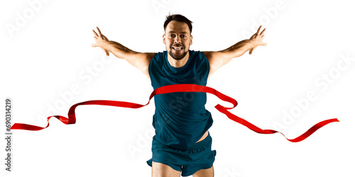 The runner wins by crossing the finish line ribbon on a white background photo