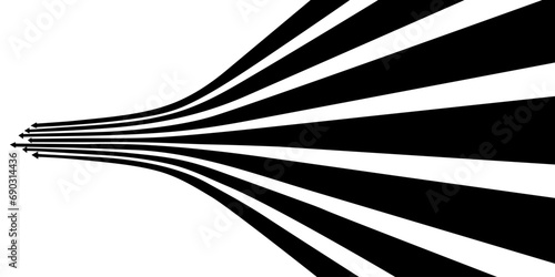 Black on white abstract perspective line stripes arrow with 3d dimensional effect isolated on white.