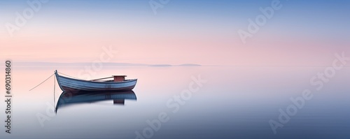 Solitary boat on great foggy lake, long exposure. photo