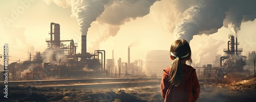 A little girl looking off into the distance at massive industrial pollution photo