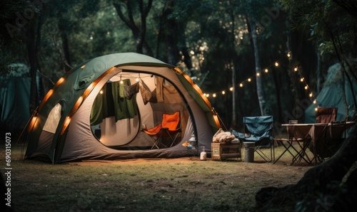 A tent in the middle of the beautiful forest. Camping theme.