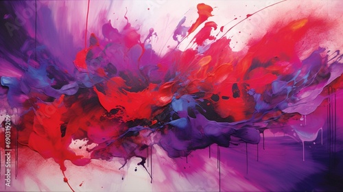 Immerse yourself in the vibrant synergy of red ink and the richness of purple acrylic paint  a dynamic explosion of creativity.