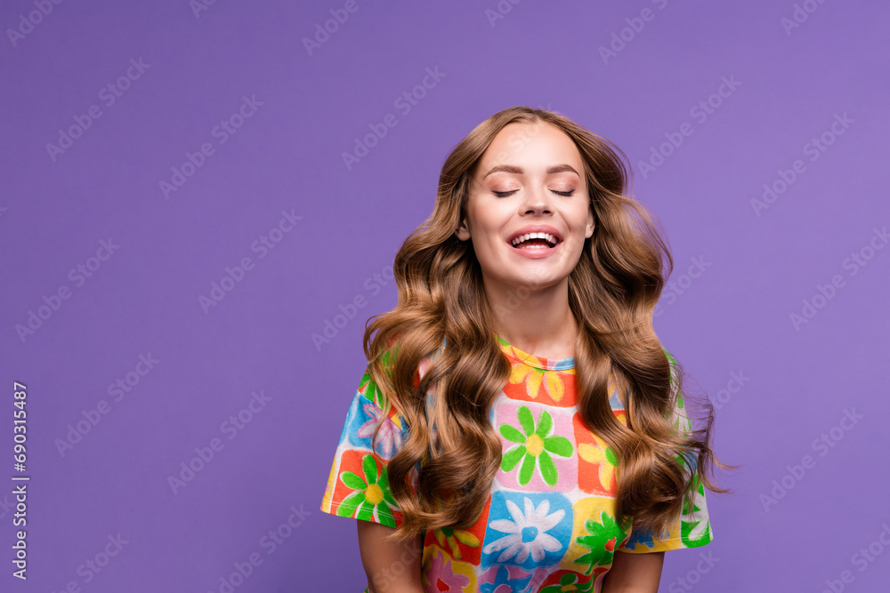 Portrait of sweet model stunning girlfriend closed eyes with blonde curly perfect silky hairstyle isolated on violet color background Portrait of sweet model stunning girlfriend closed eyes with blonde curly perfect silky hairstyle isolated on violet color background