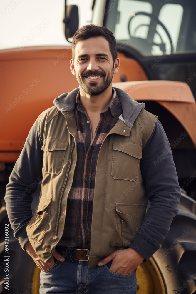 Agriculturist Portrait of Happy farmer standing near a tractor or a ...