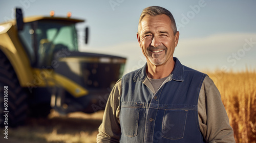 Agriculturist Portrait of Happy farmer standing near a tractor or a combine harvester in corn field agriculture photo