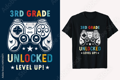 3rd Grade Unlocked Back to School Next Level Game Controller Level Up t-shirt design vector graphic.