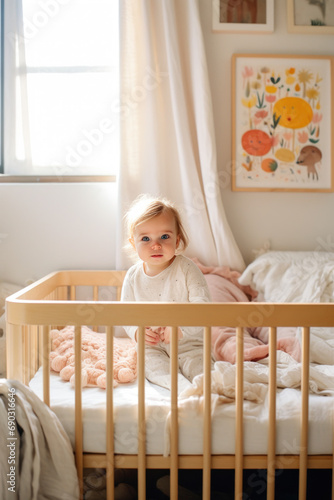 Wallpaper Mural An adorable baby sits in her crib, surrounded by a cozy crib and playful blankets in her nursery Torontodigital.ca