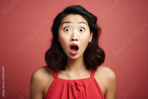 A charming Asian woman with a surprised expression has an unexpected expression of surprise on her face against a lively studio background. photo