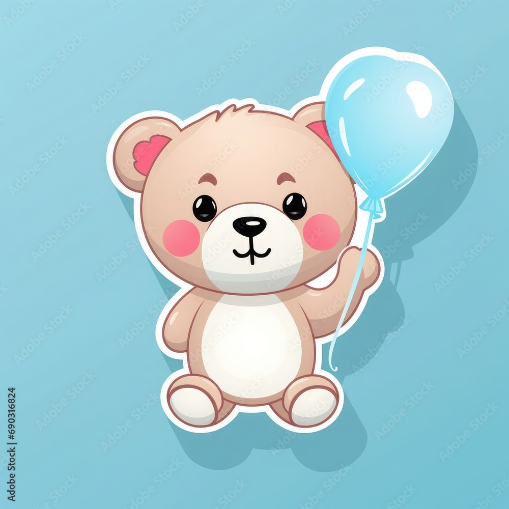 Sticker with die-cut in the form of a teddy bear with a balloon in his paw, kawaii color background
