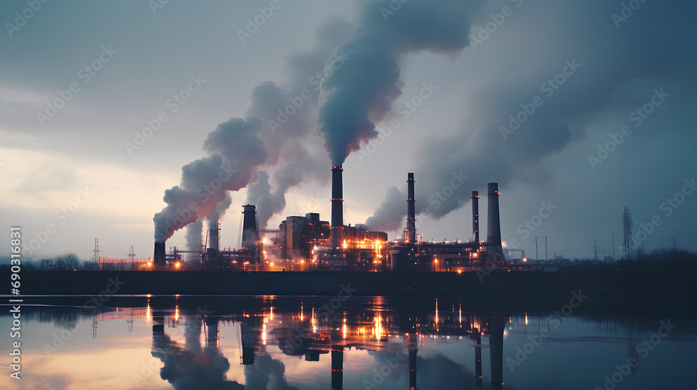 Large industrial plants emit toxic fumes causing air pollution, PM 2.5 dust, and global warming.